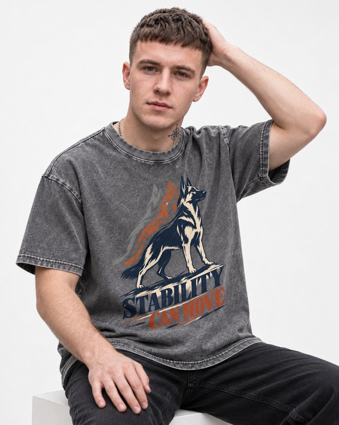 Stability Can Move German Shepherd Dog Washed Tee in Gray, worn by a seated model