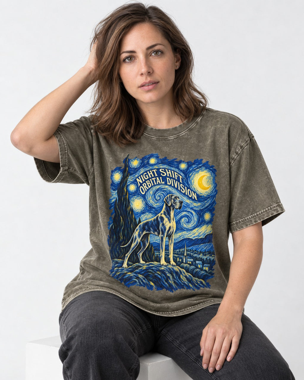 Great Dane Night Shift Orbital Division Starry Sky Graphic Washed Tee in Army Green, worn by a seated model