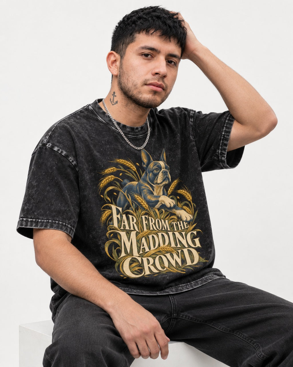 Far From the Madding Crowd Boston Terrier Washed Tee in Black, worn by a seated model