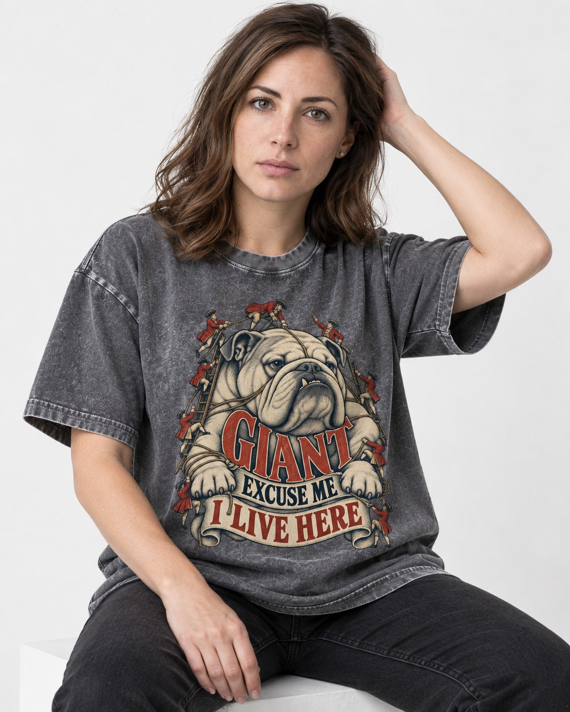 English Bulldog I Live Here Washed Tee in Gray, worn by a seated model
