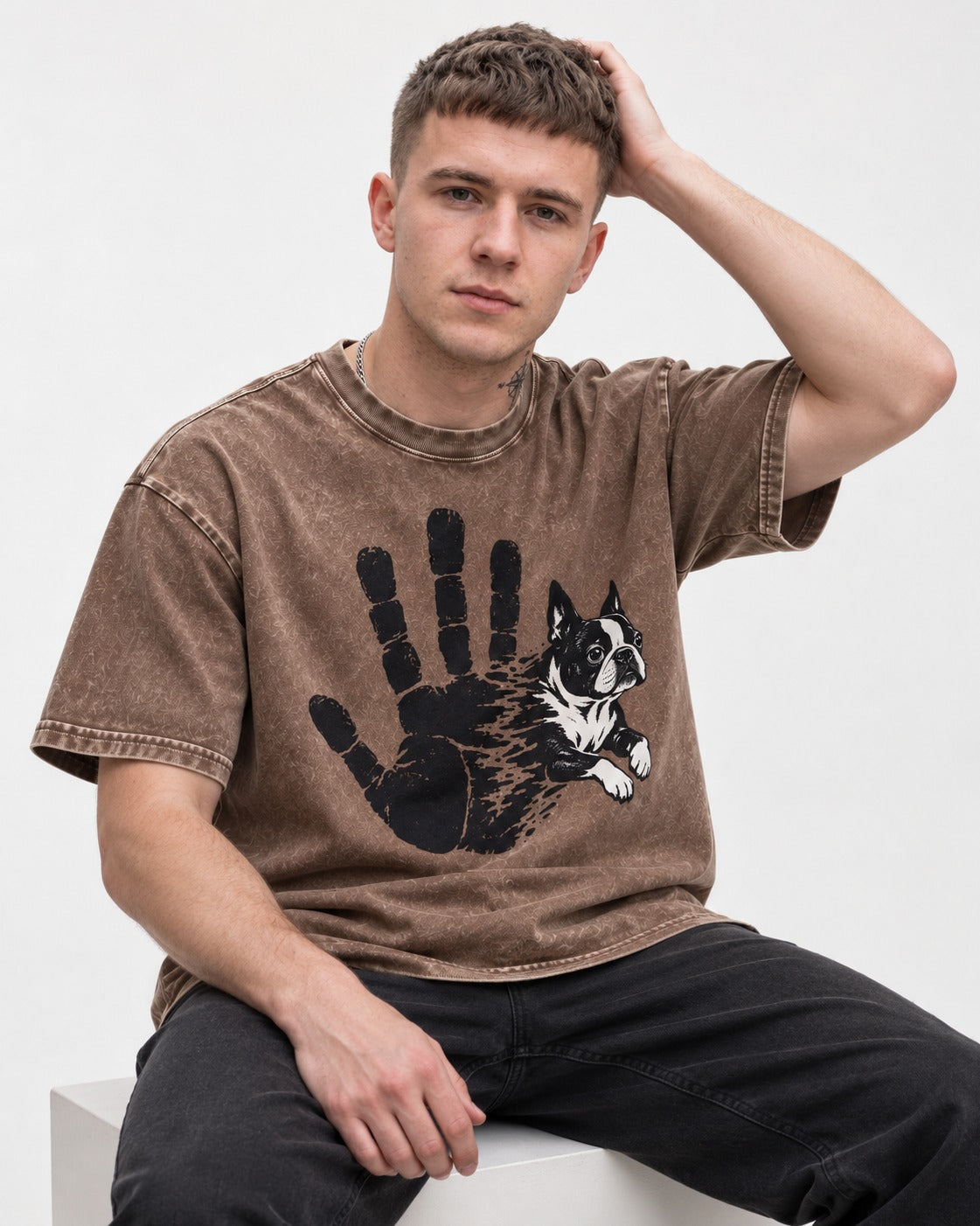 Boston Terrier High Five Washed Tee in Coffee, worn by a seated model
