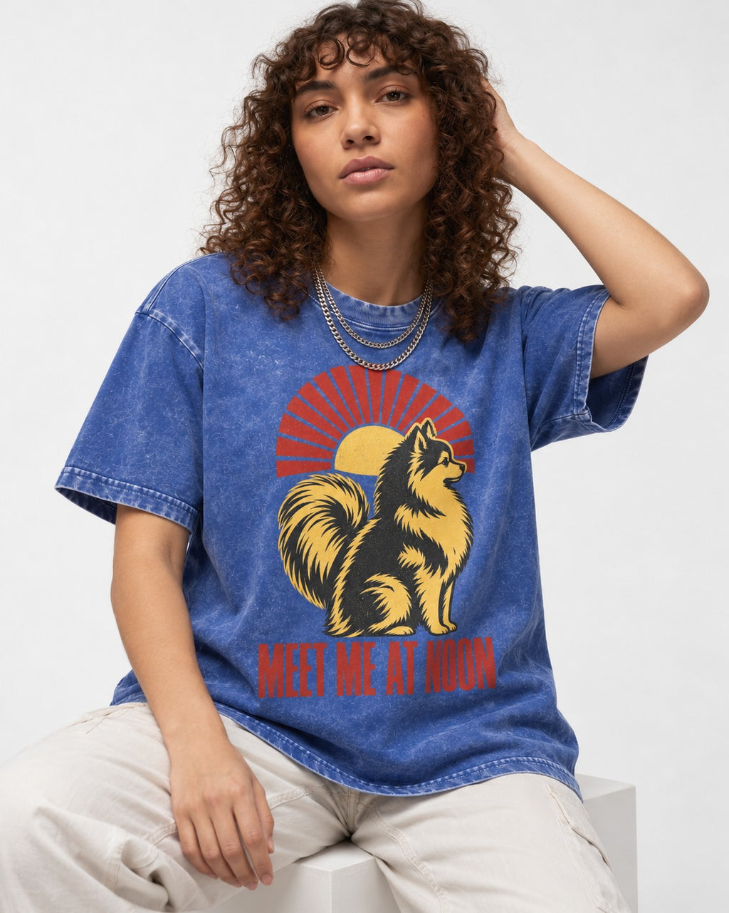 Pomeranian Meet Me at Noon Sunburst Graphic Washed Tee in Royal Blue, worn by a seated model