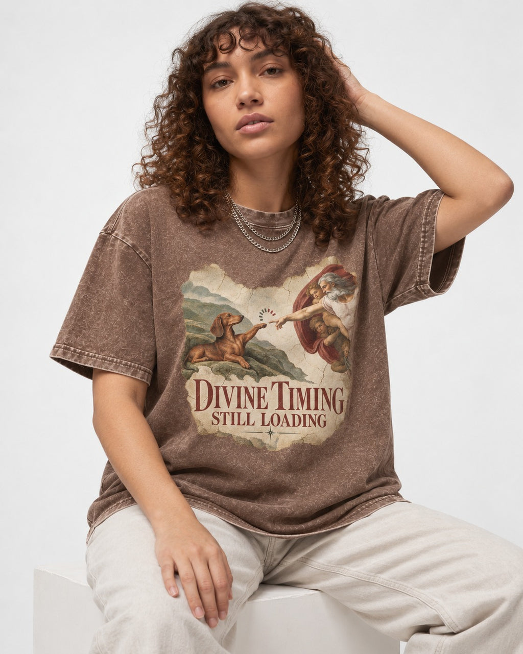 Dachshund's Divine Timing Washed Tee in Coffee, worn by a seated model