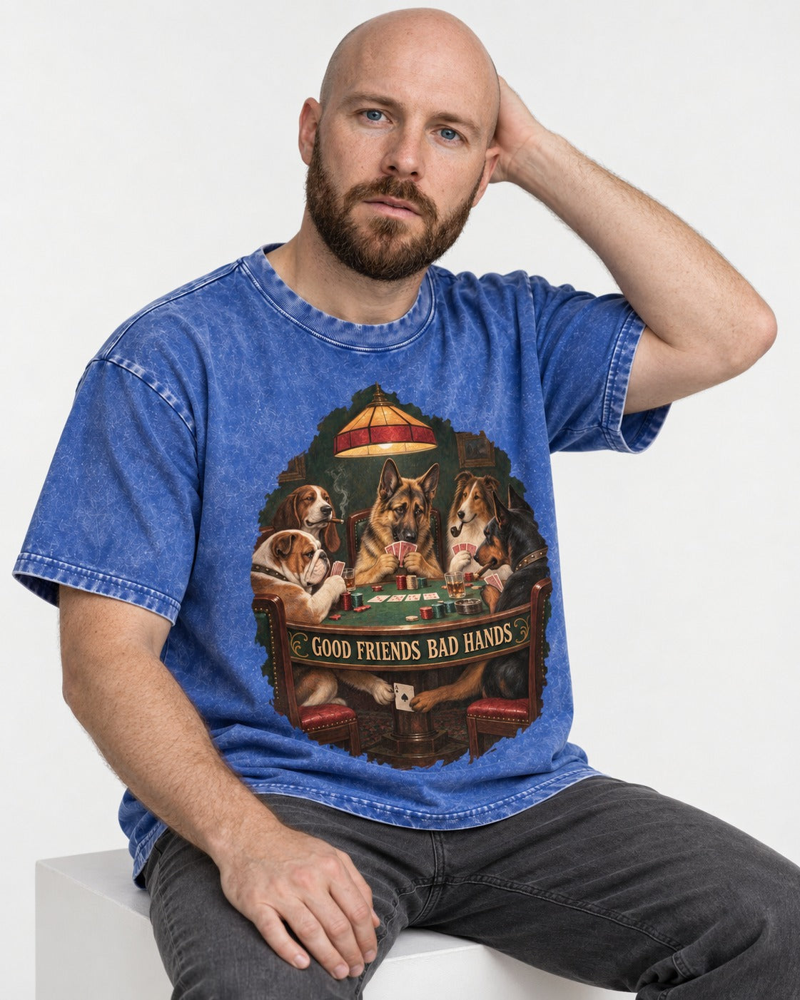 German Shepherd Dog Good Friends Bad Hands Poker Graphic Washed Tee in Royal Blue, worn by a seated model