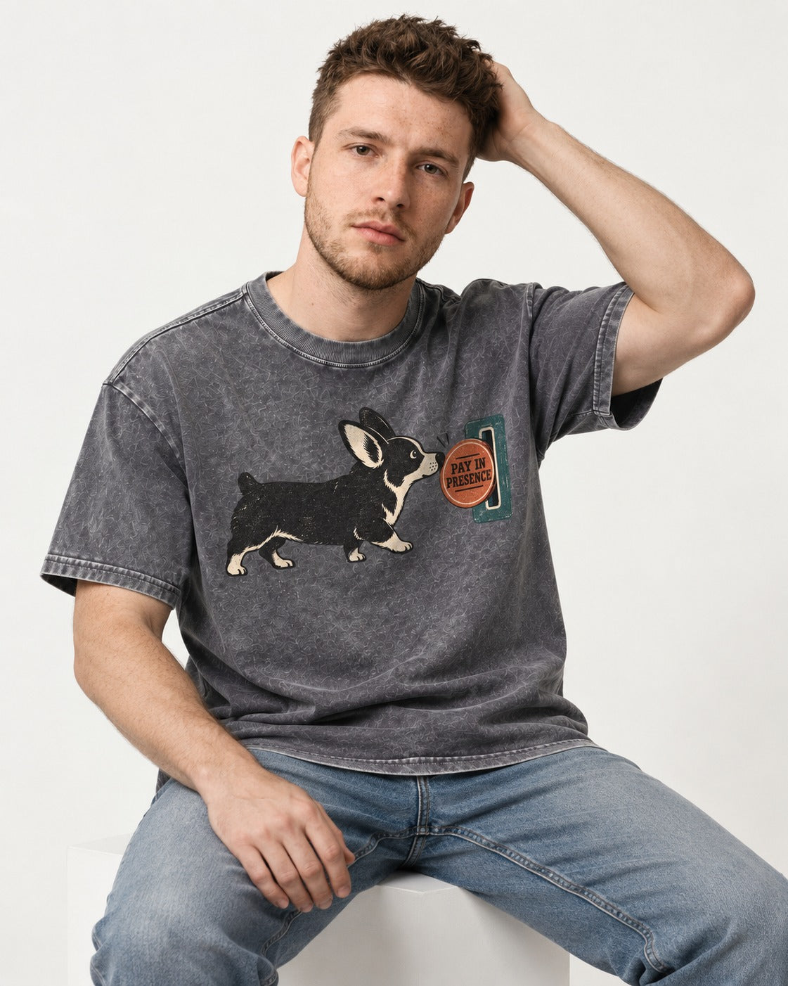 Corgi Pay in Presence Washed Tee in Gray, worn by a seated model