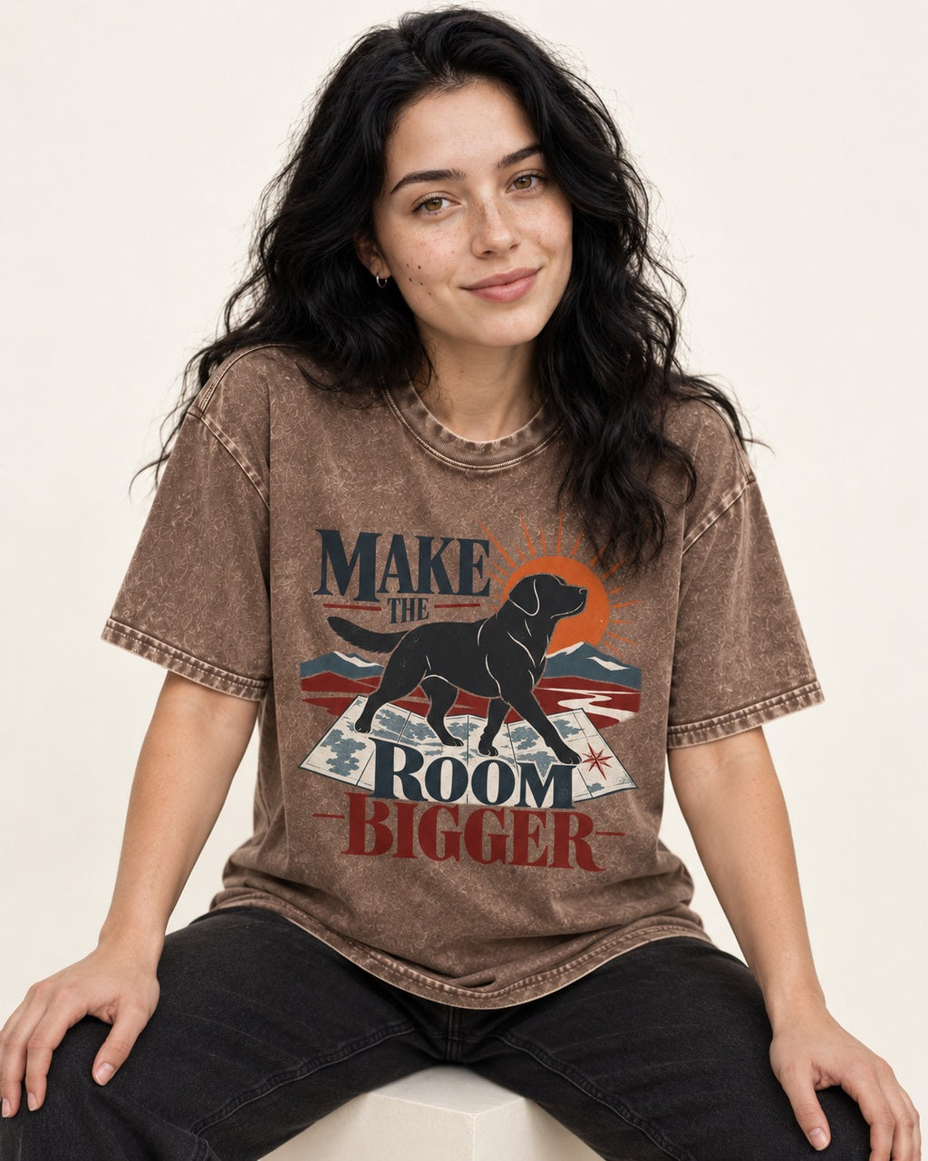 Make the Room Bigger Labrador Retriever Washed Tee in Coffee, worn by a seated model