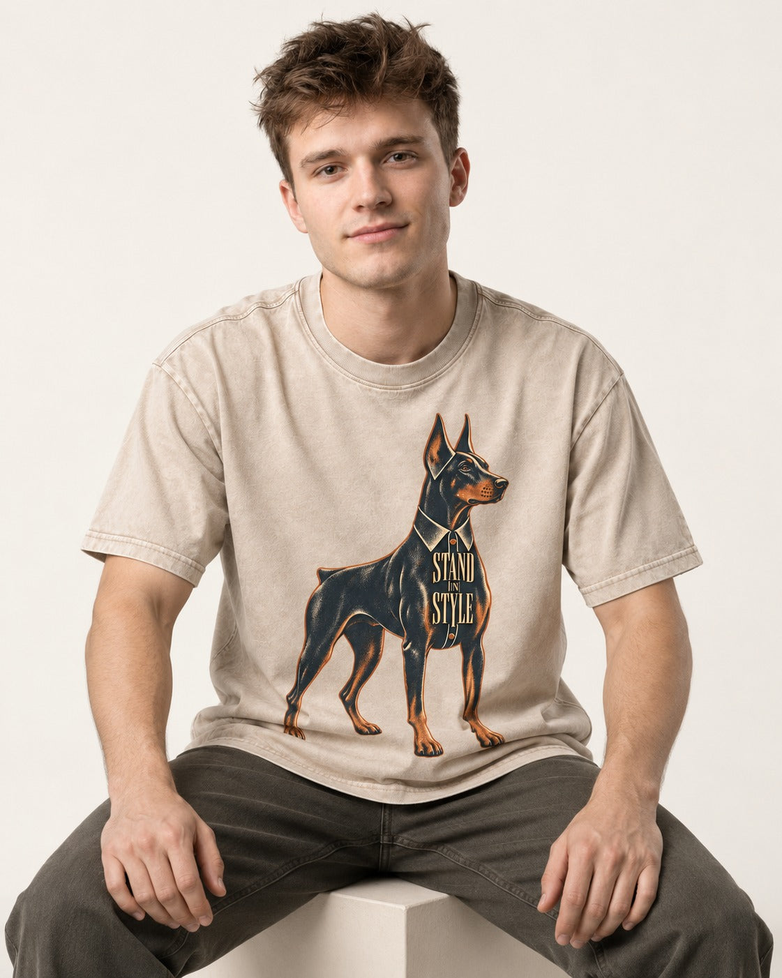 Doberman Stand in Style Suit Graphic Washed Tee in Apricot, worn by a seated model