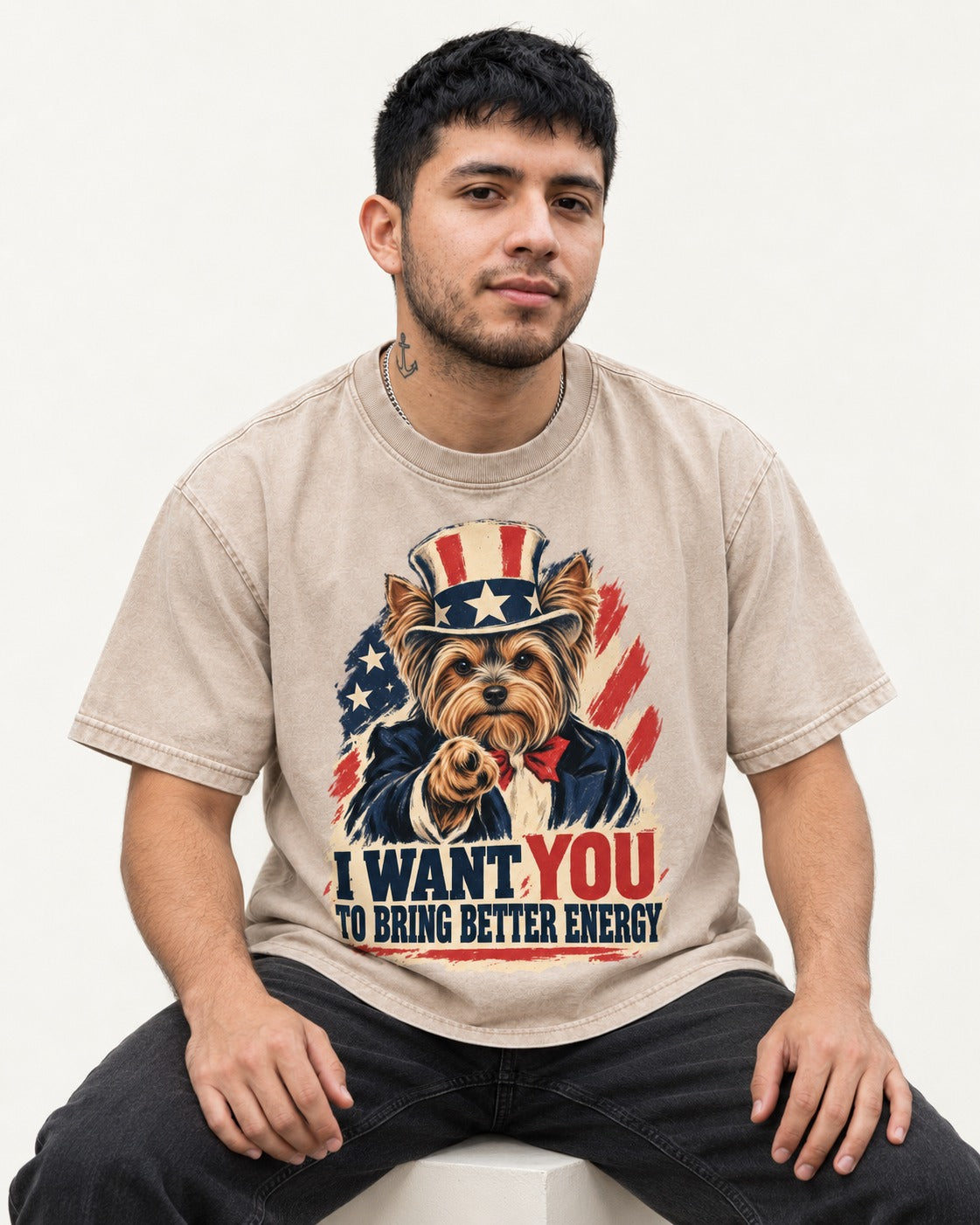 Yorkshire Terrier I Want You to Bring Better Energy Recruitment Poster Graphic Washed Tee in Apricot, worn by a seated model