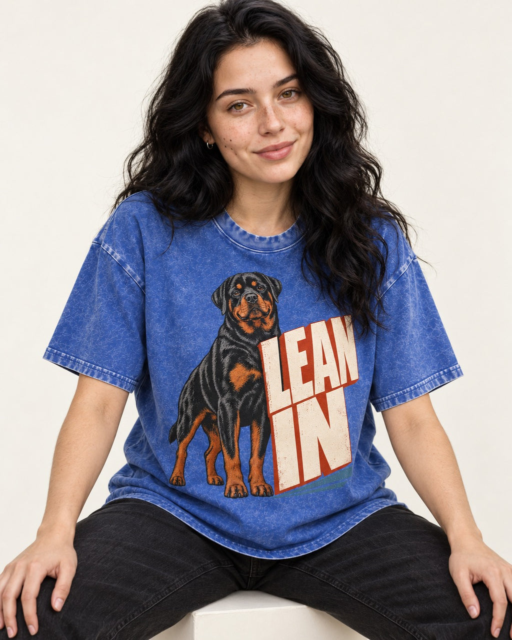 Rottweiler Lean In Block Typography Graphic Washed Tee in Royal Blue, worn by a seated model