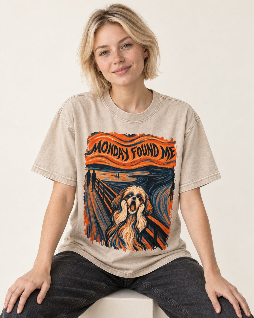 Shih Tzu Monday Found Me Scream Parody Graphic Washed Tee in Apricot, worn by a seated model