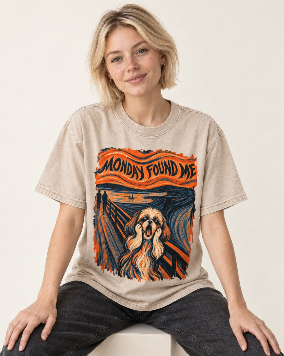 Shih Tzu Monday Found Me Scream Parody Graphic Washed Tee in Apricot, worn by a seated model