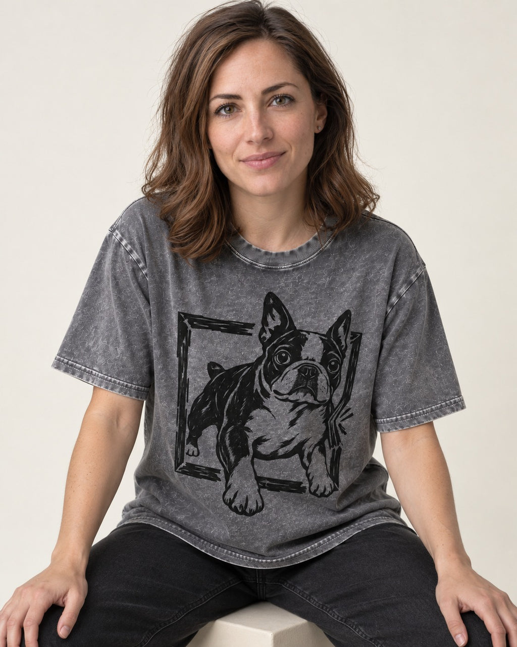 Boston Terrier Unstoppable Washed Tee in Gray, worn by a seated model