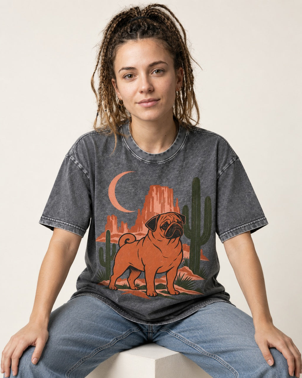 Pug Wild at Heart Washed Tee in Gray, worn by a seated model