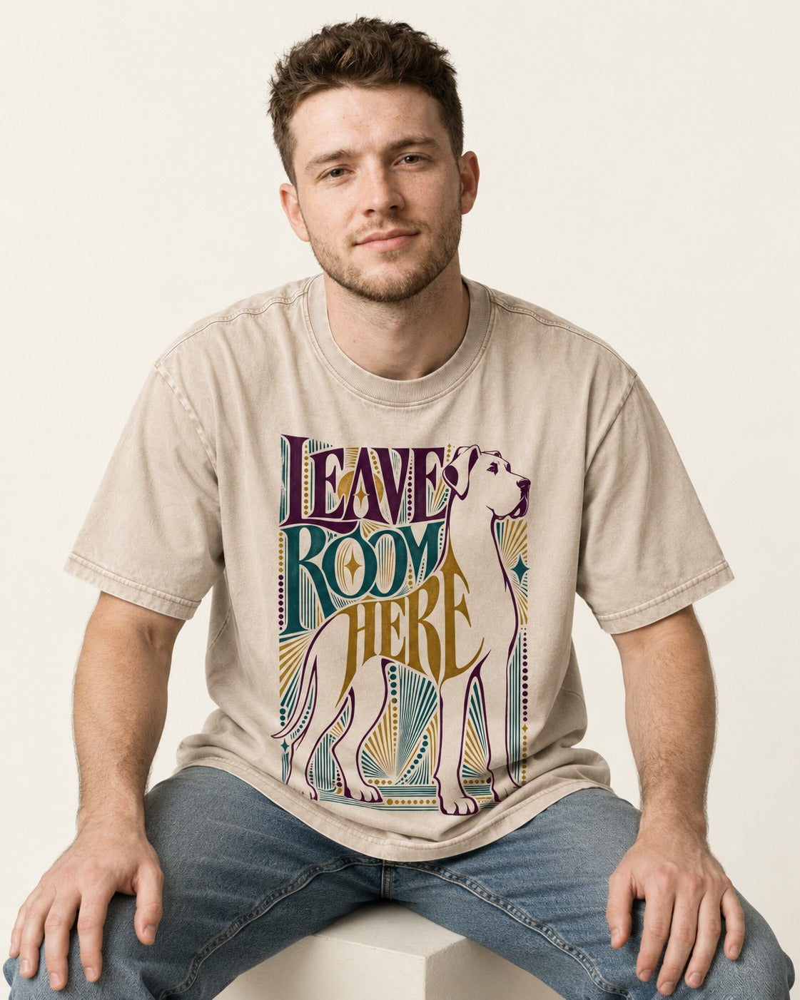 Leave Room for Great Dane Washed Tee in Apricot, worn by a seated model