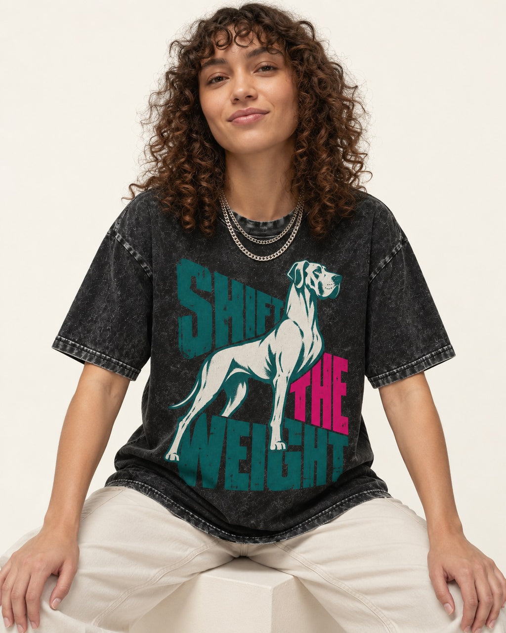 Great Dane Shift the Weight Standing Graphic Washed Tee in Black, worn by a seated model