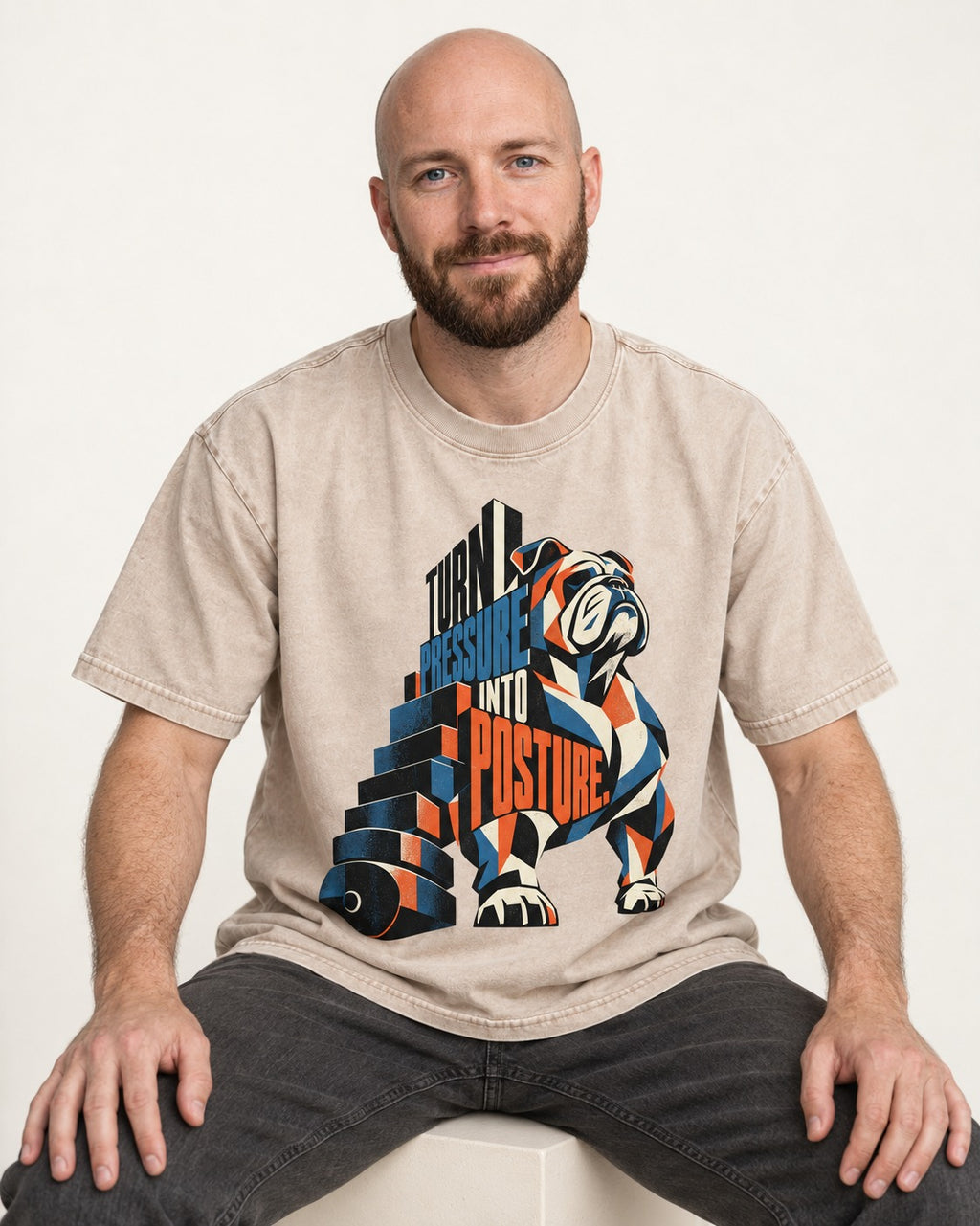 Turn Pressure Into Posture English Bulldog Washed Tee in Apricot, worn by a seated model
