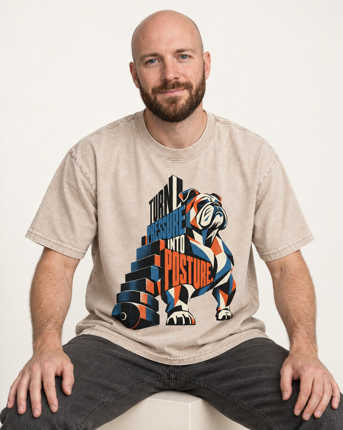 Turn Pressure Into Posture English Bulldog Washed Tee in Apricot, worn by a seated model