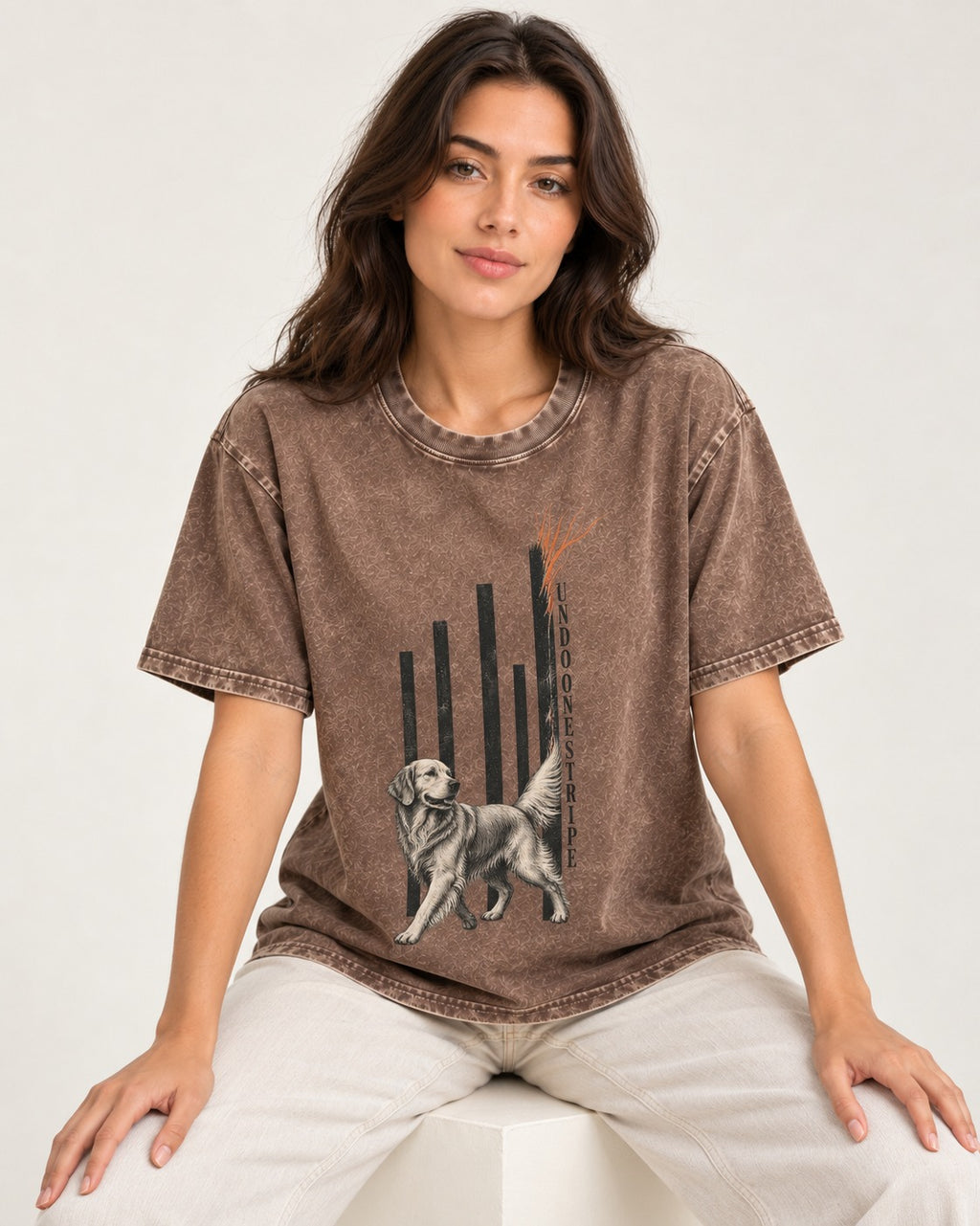 Undo One Stripe Golden Retriever Washed Tee in Coffee, worn by a seated model