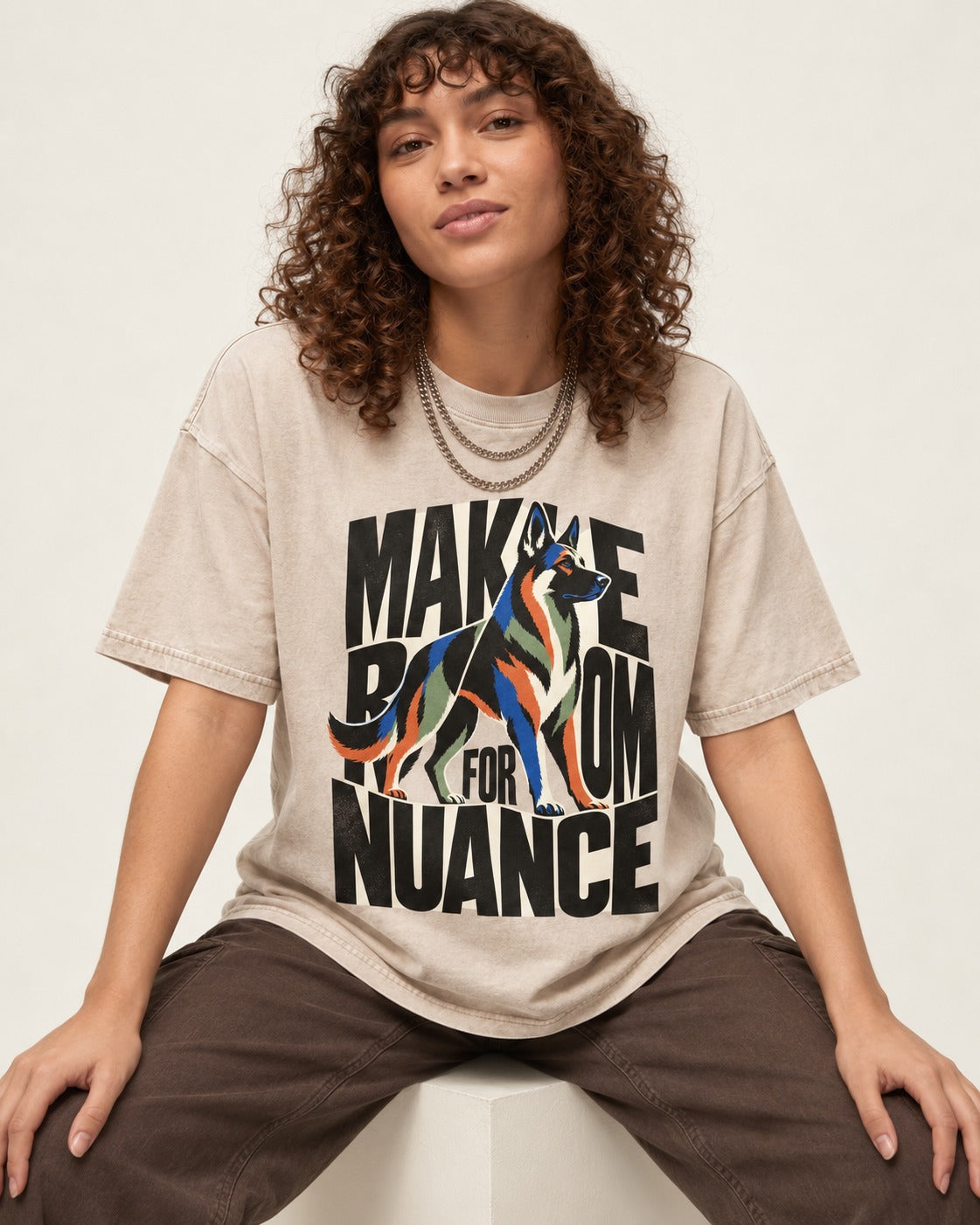 Make Room for Nuance German Shepherd Dog Washed Tee in Apricot, worn by a seated model