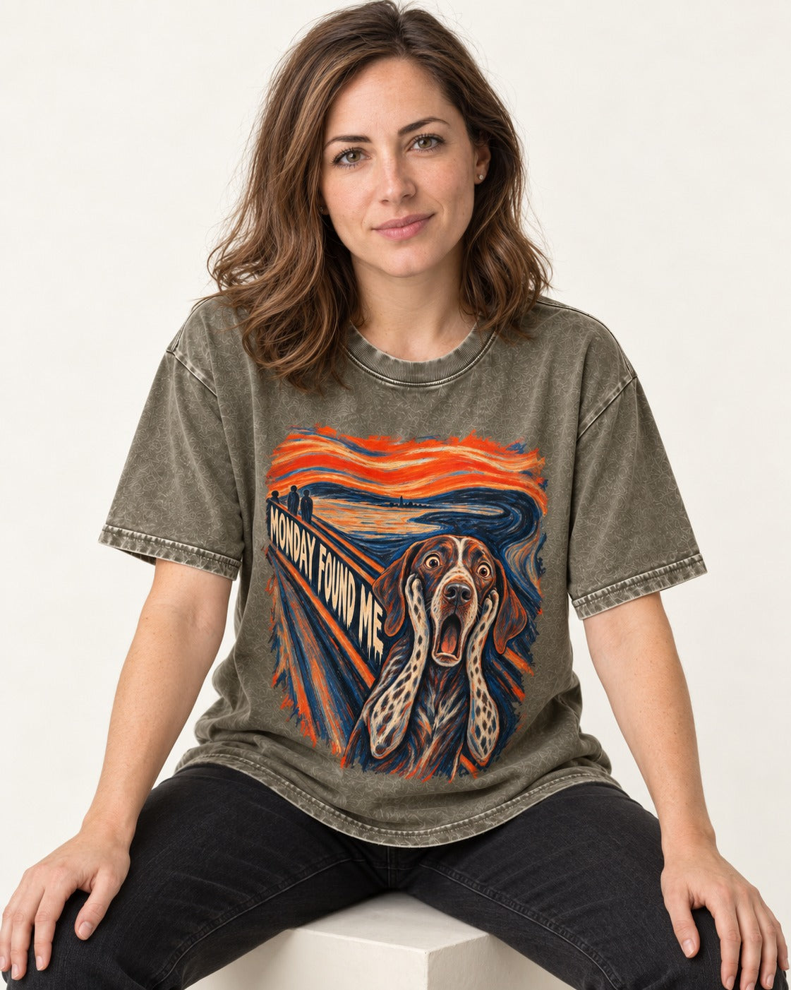 German Shorthaired Pointer Monday Found Me Scream Parody Graphic Washed Tee in Army Green, worn by a seated model