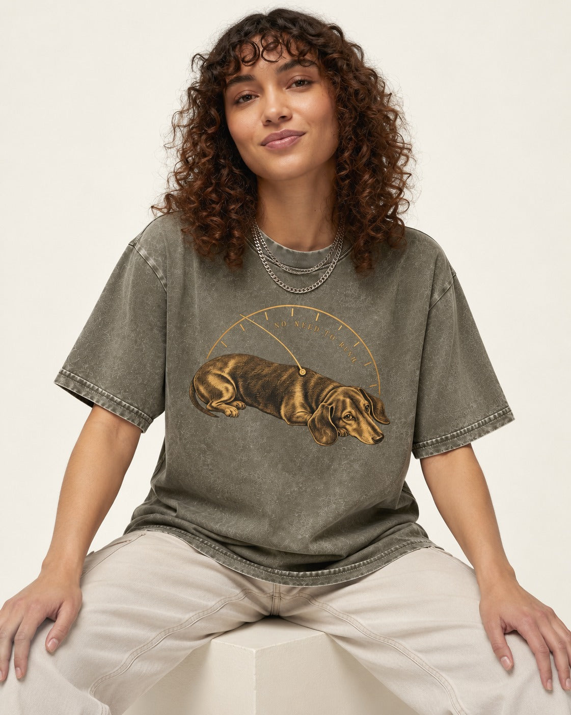 Dachshund No Need To Rush Gauge Graphic Washed Tee in Army Green, worn by a seated model