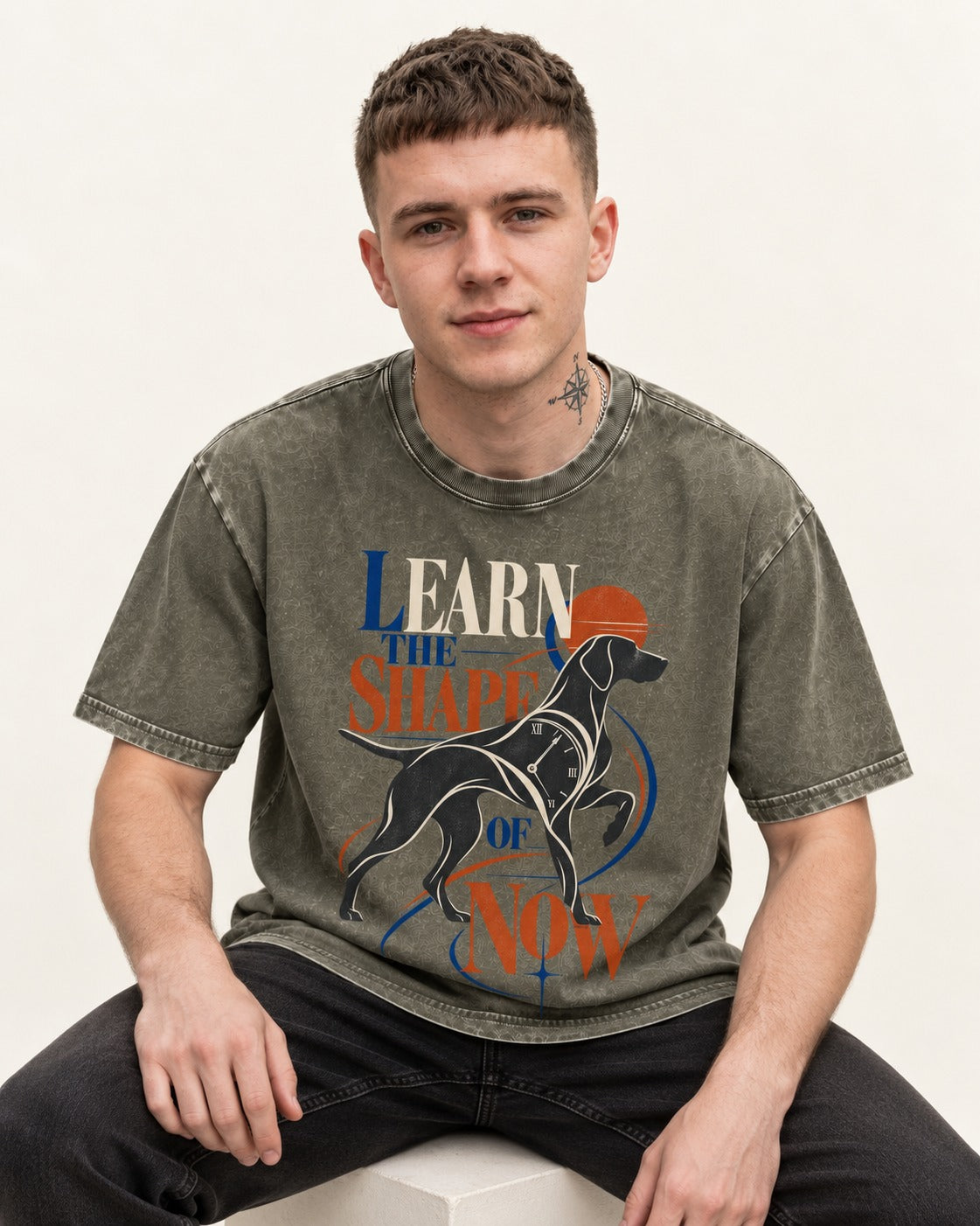 German Shorthaired Pointer Learn the Shape of Now Clock Graphic Washed Tee in Army Green, worn by a seated model