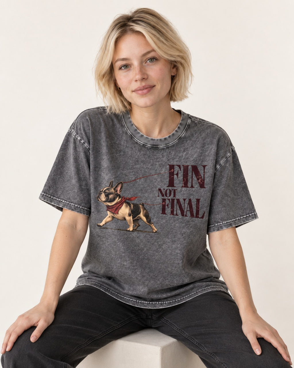 Frenchie Fin Not Final Washed Tee in Gray, worn by a seated model