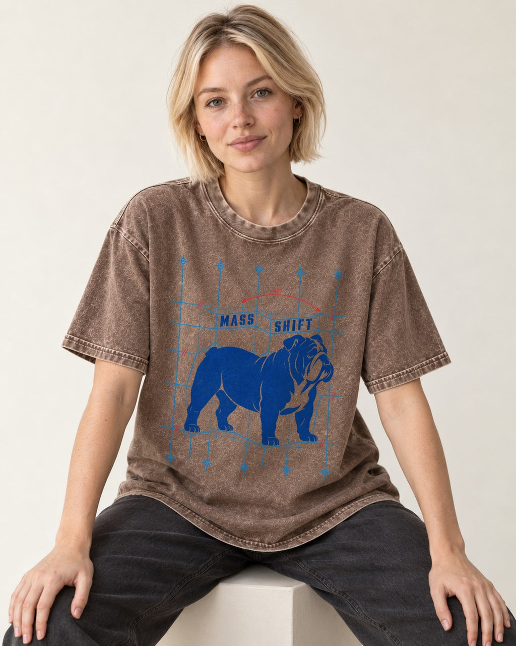 Mass Shift English Bulldog Washed Tee in Coffee, worn by a seated model