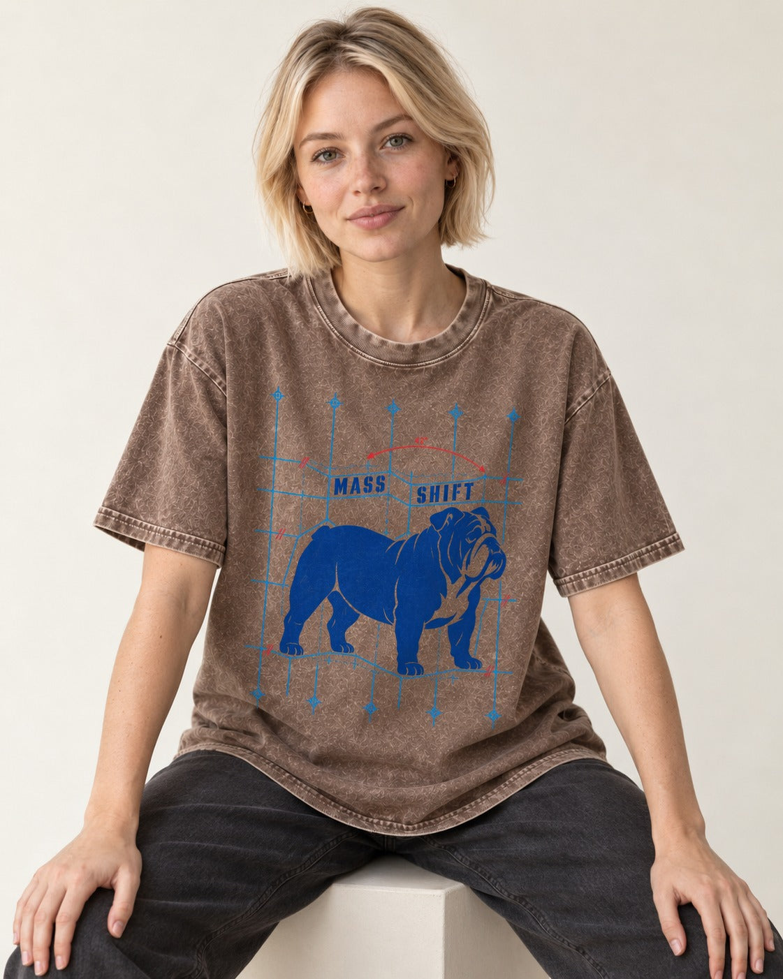Mass Shift English Bulldog Washed Tee in Coffee, worn by a seated model