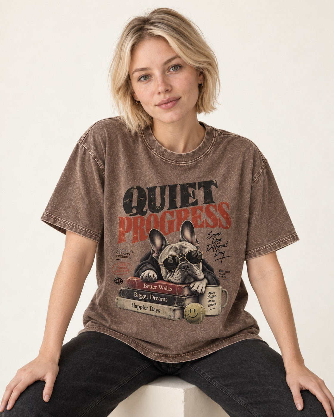 Quiet Progress Frenchie Washed Tee in Coffee, worn by a seated model