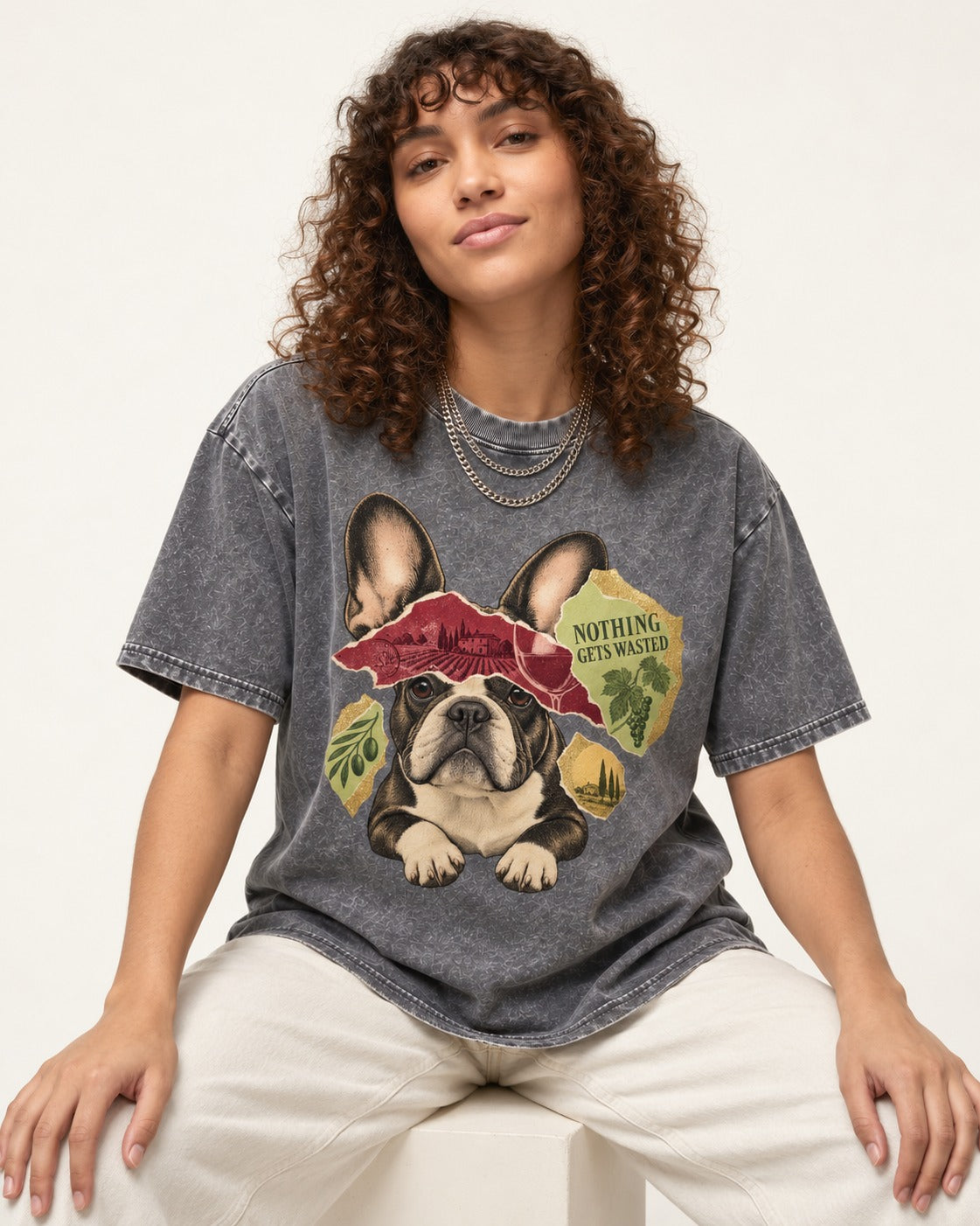 Nothing Gets Wasted with Frenchie Washed Tee in Gray, worn by a seated model