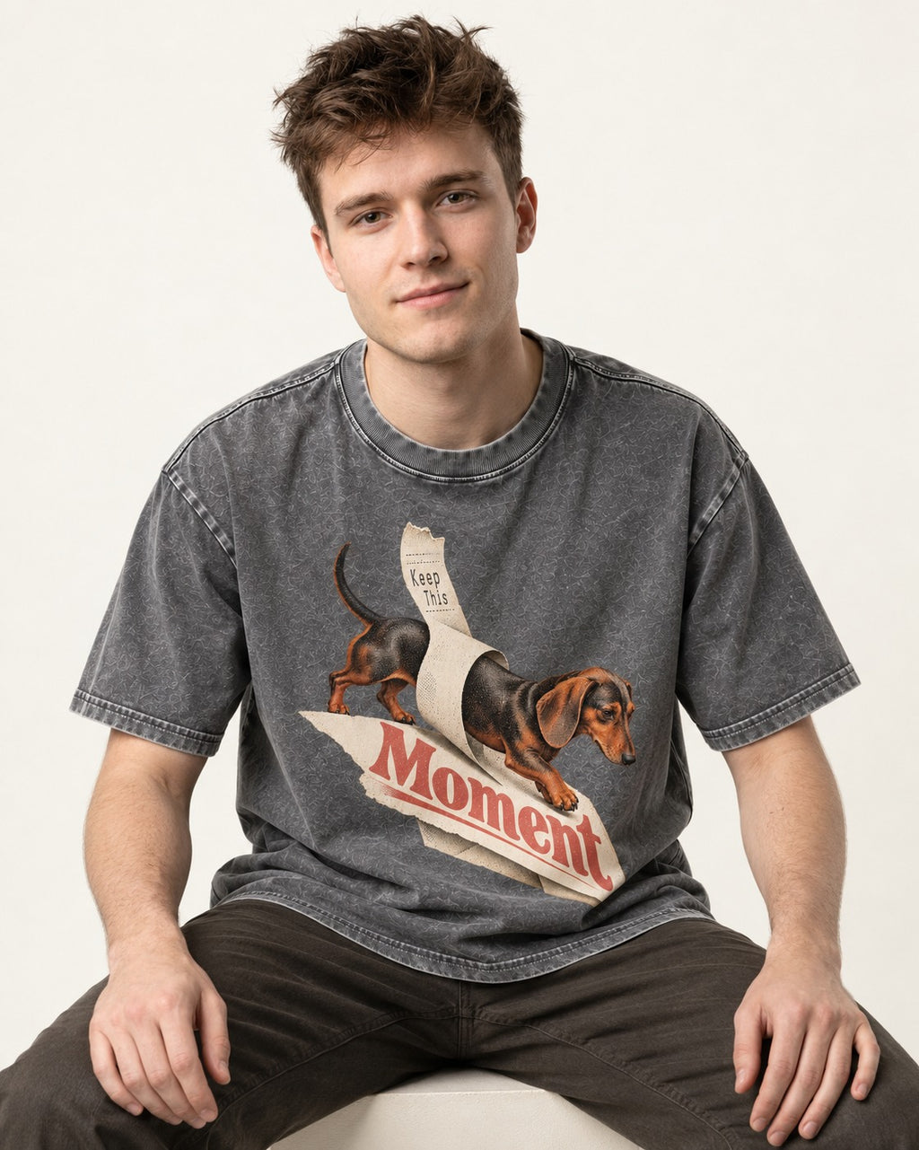 Dachshund Keep This Moment Receipt Graphic Washed Tee in Gray, worn by a seated model