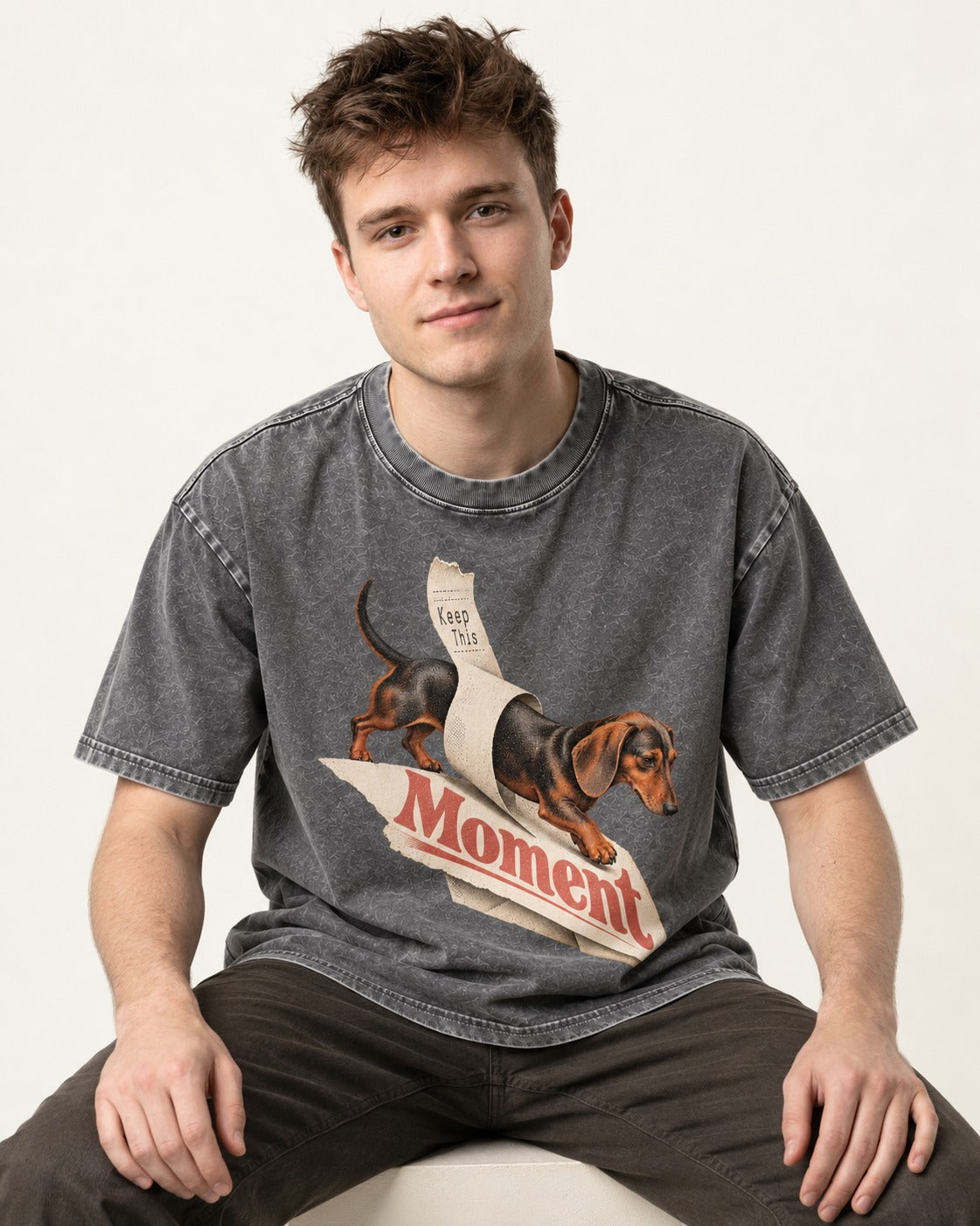 Dachshund Keep This Moment Receipt Graphic Washed Tee in Gray, worn by a seated model