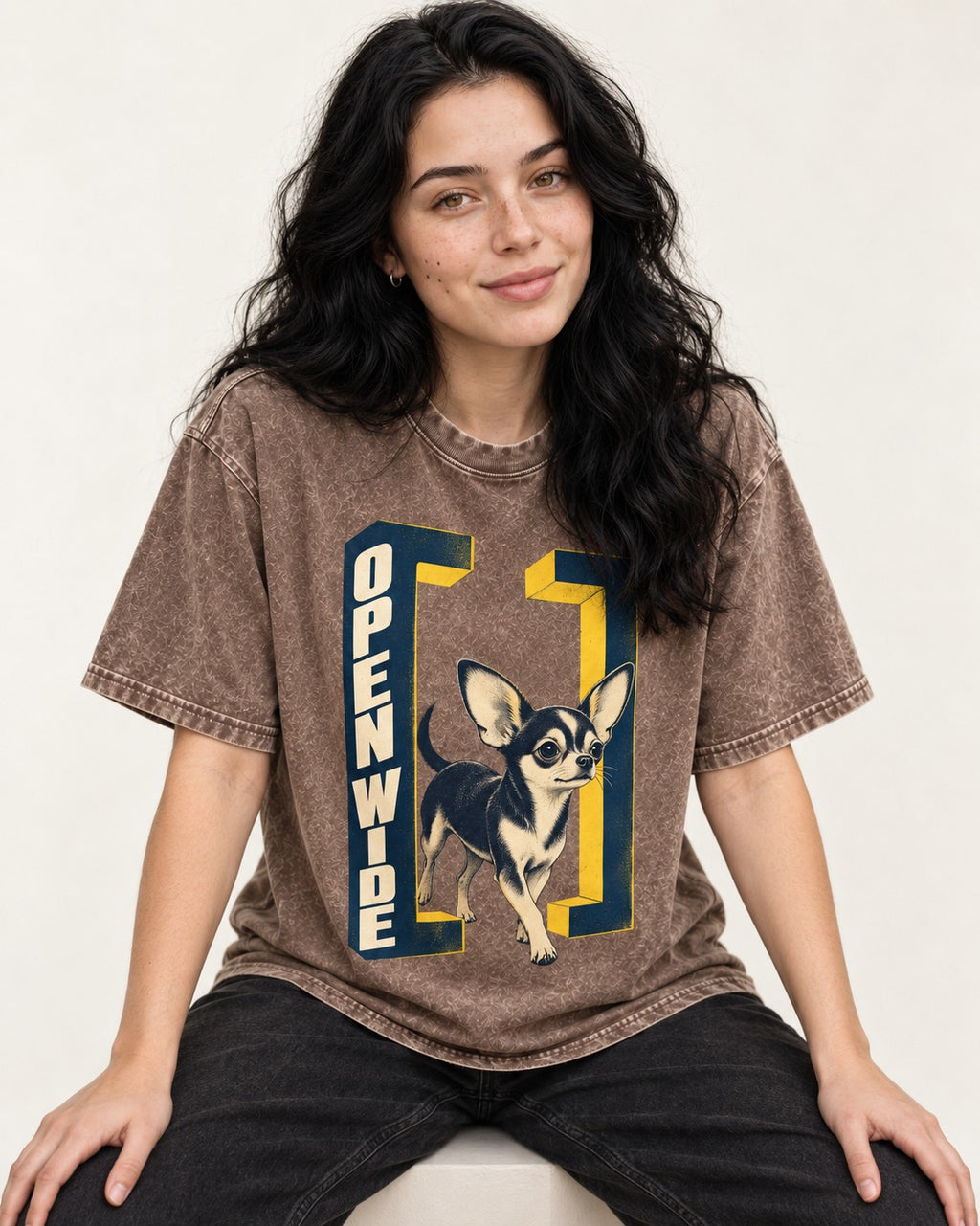Open Wide Chihuahua Washed Tee in Coffee, worn by a seated model
