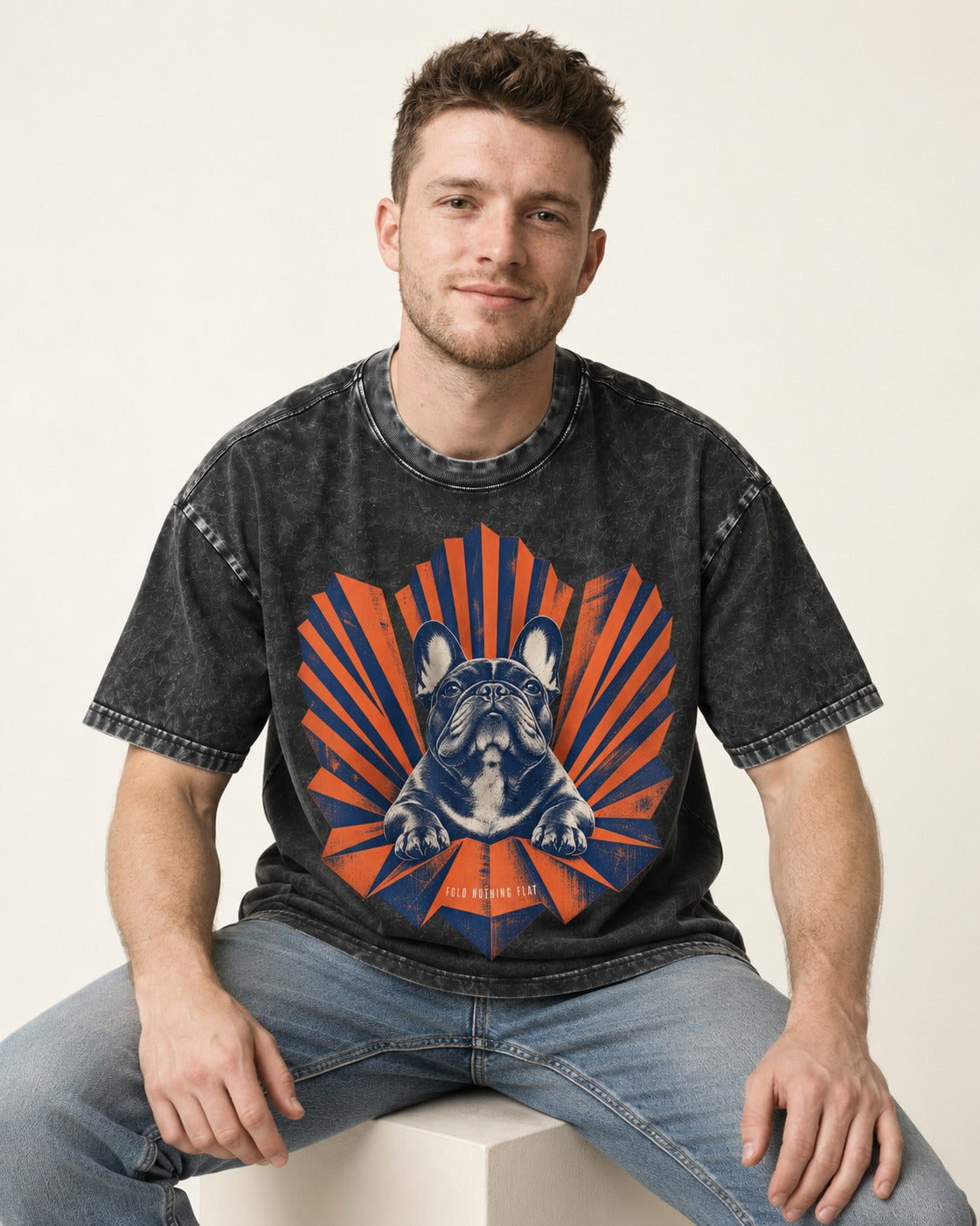 Frenchie Fold Nothing Flat Geometric Fan Graphic Washed Tee in Black, worn by a seated model