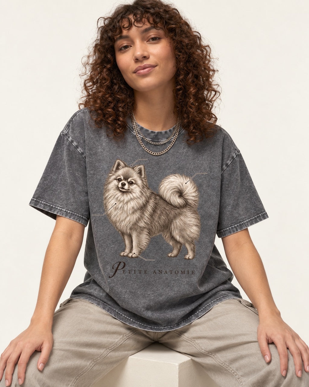 Pomeranian Petite Anatomie Washed Tee in Gray, worn by a seated model
