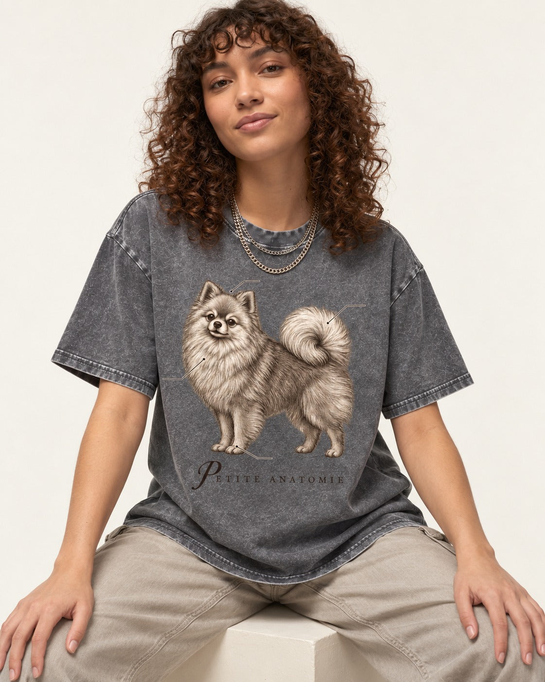 Pomeranian Petite Anatomie Washed Tee in Gray, worn by a seated model