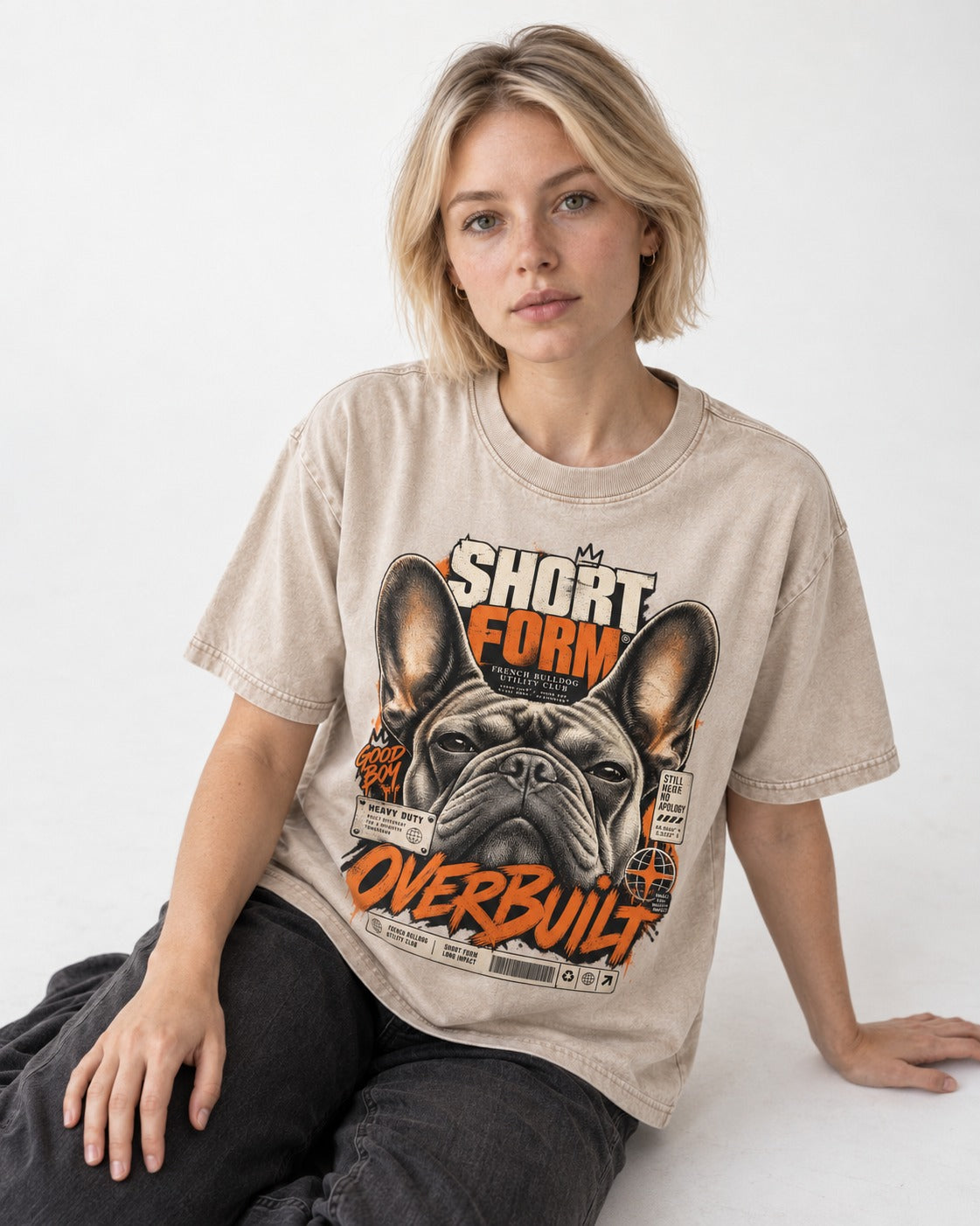 Frenchie Short Form Overbuilt Utility Club Poster Graphic Washed Tee in Apricot, worn by a seated model