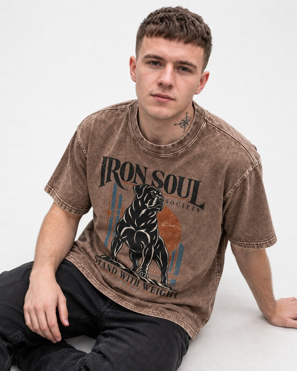 Rottweiler Iron Soul Society Washed Tee in Coffee, worn by a seated model