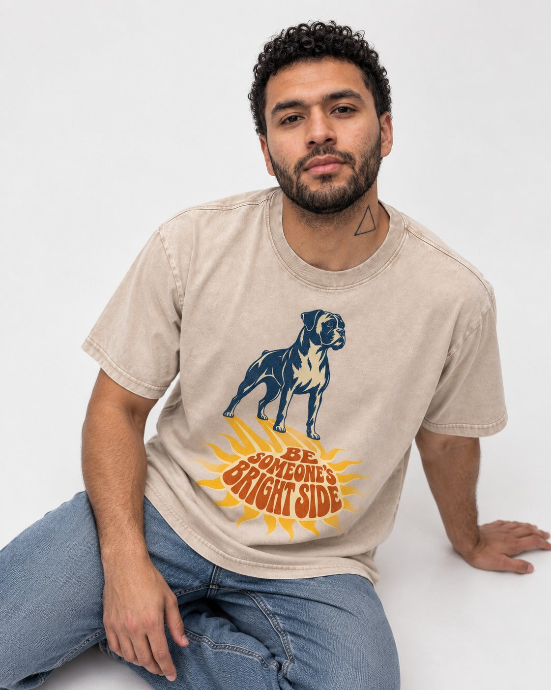 Boxer Be Someone's Bright Side Washed Tee in Apricot, worn by a seated model
