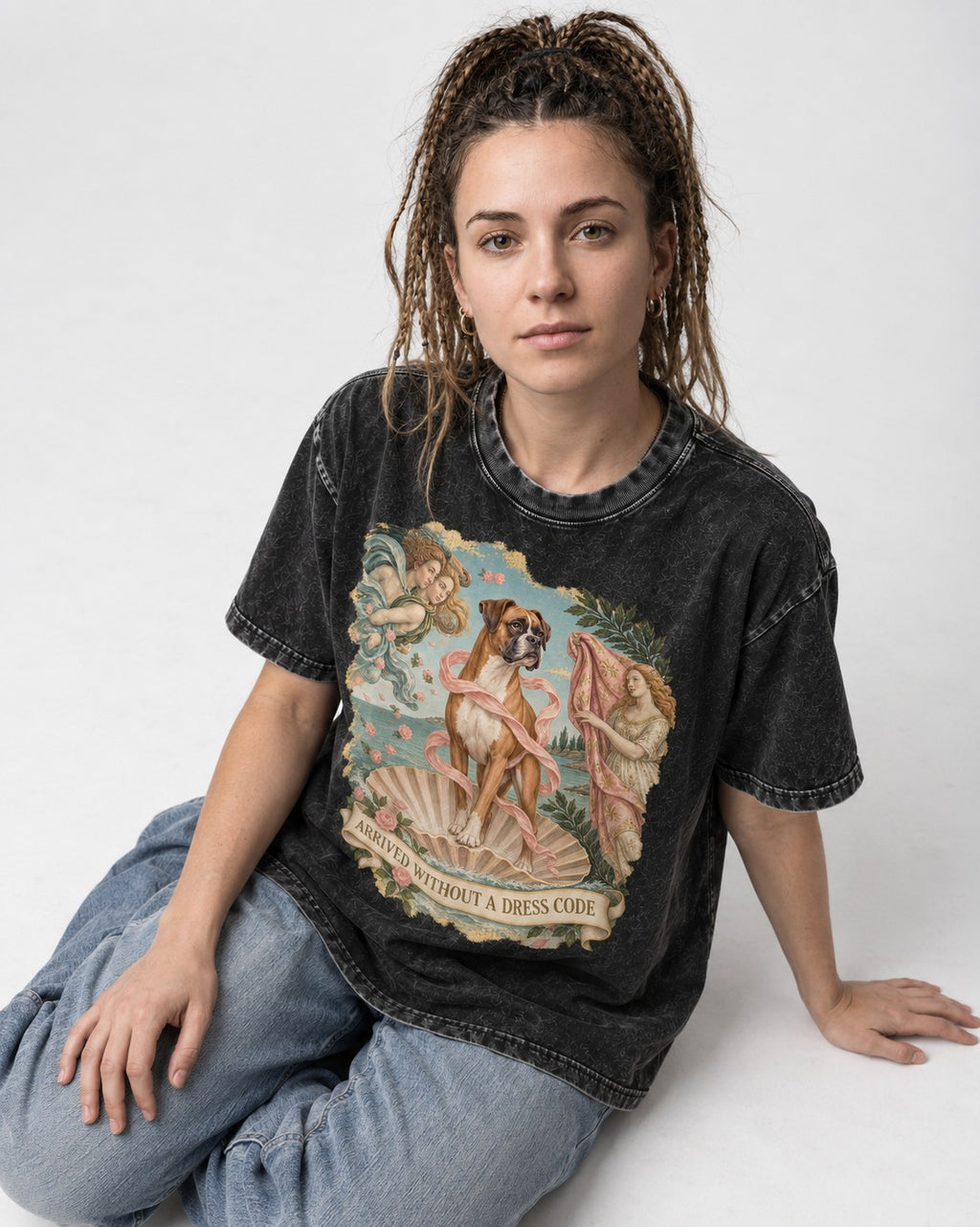 Arrived Without a Dress Code Boxer Classical Collage Washed Tee in Black, worn by a seated model