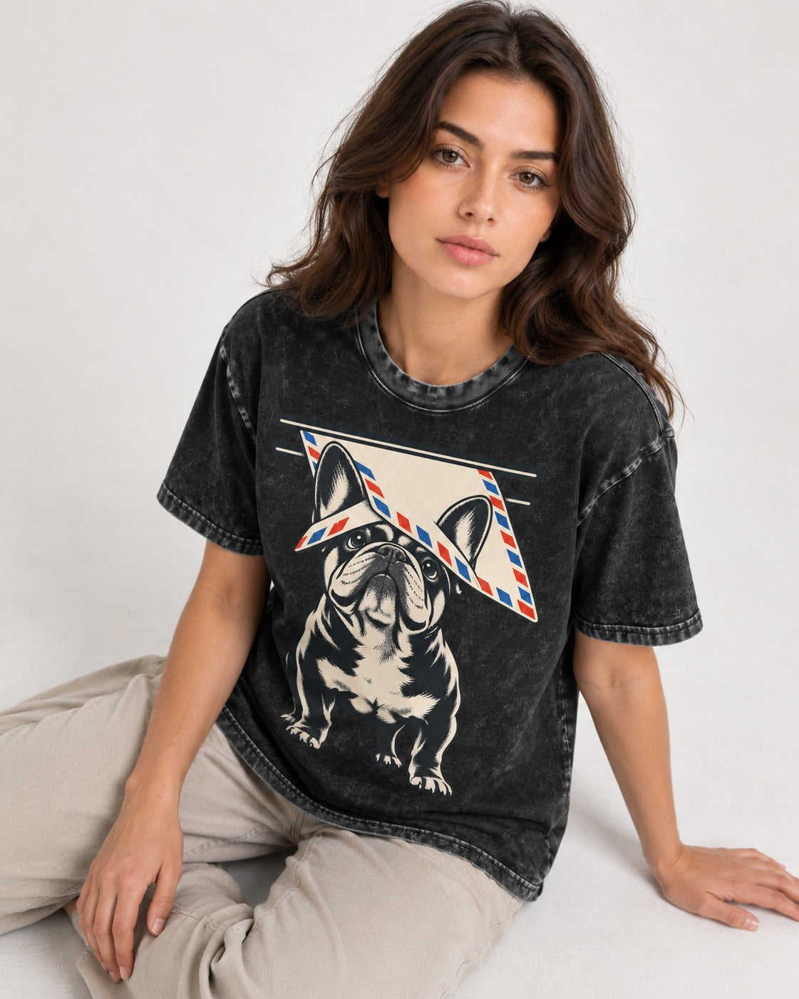 Frenchie Mail Slot Intercept Graphic Washed Tee in Black, worn by a seated model