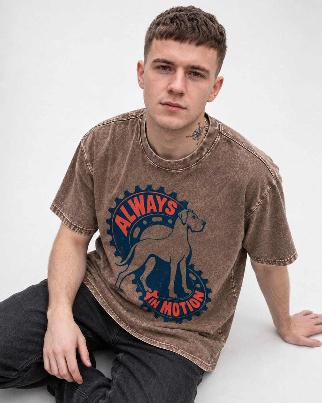 Great Dane Always in Motion Washed Tee in Coffee, worn by a seated model