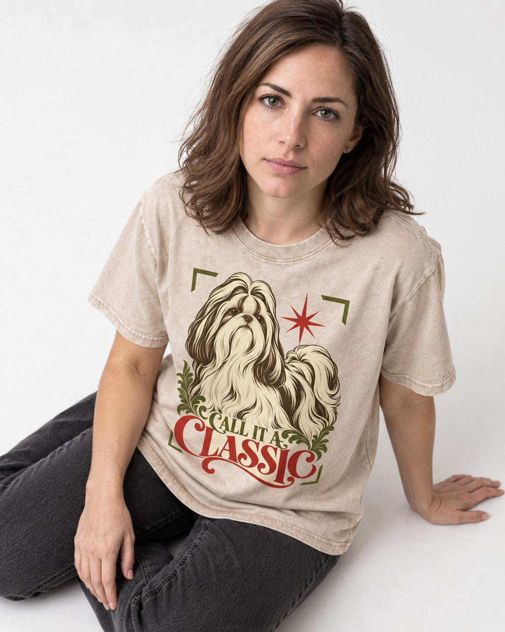 Call It a Shih Tzu Classic Washed Tee in Apricot, worn by a seated model