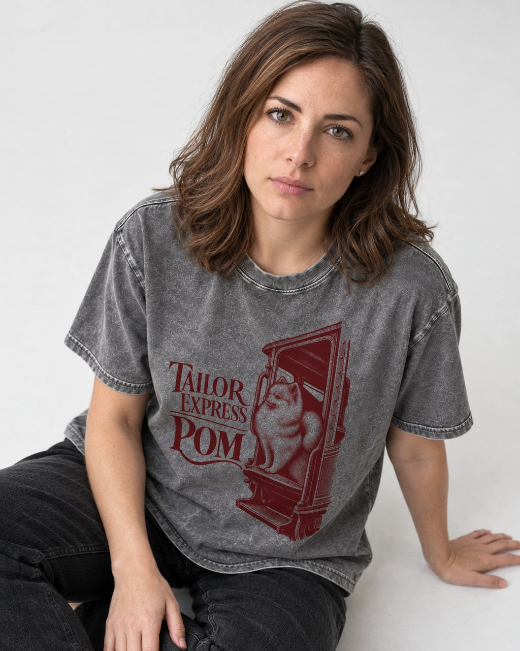 Pomeranian Express Washed Tee in Gray, worn by a seated model