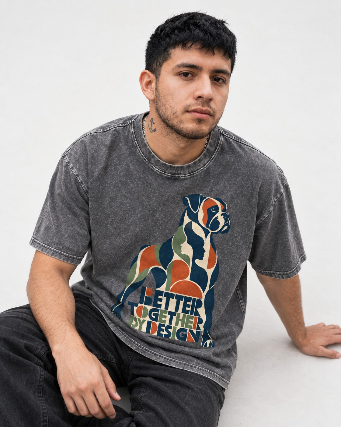Better Together By Design Boxer Geometric Mosaic Washed Tee in Gray, worn by a seated model