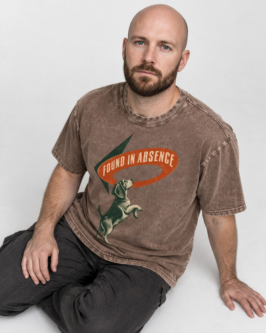 Beagle Found in Absence Washed Tee in Coffee, worn by a seated model