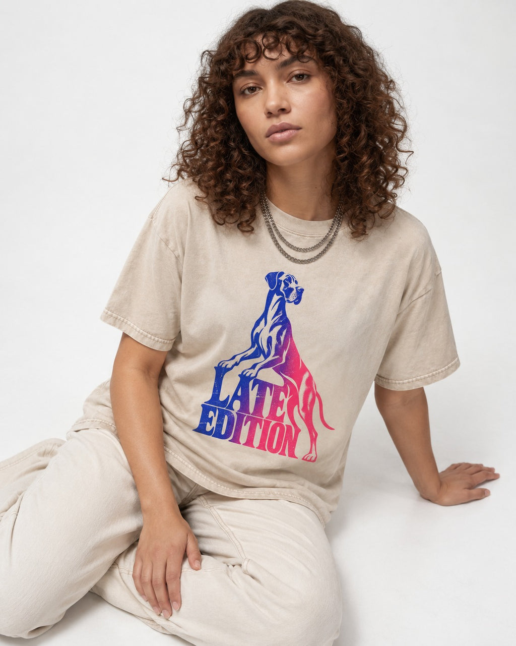 Great Dane Latest Edition Gradient Graphic Washed Tee in Apricot, worn by a seated model