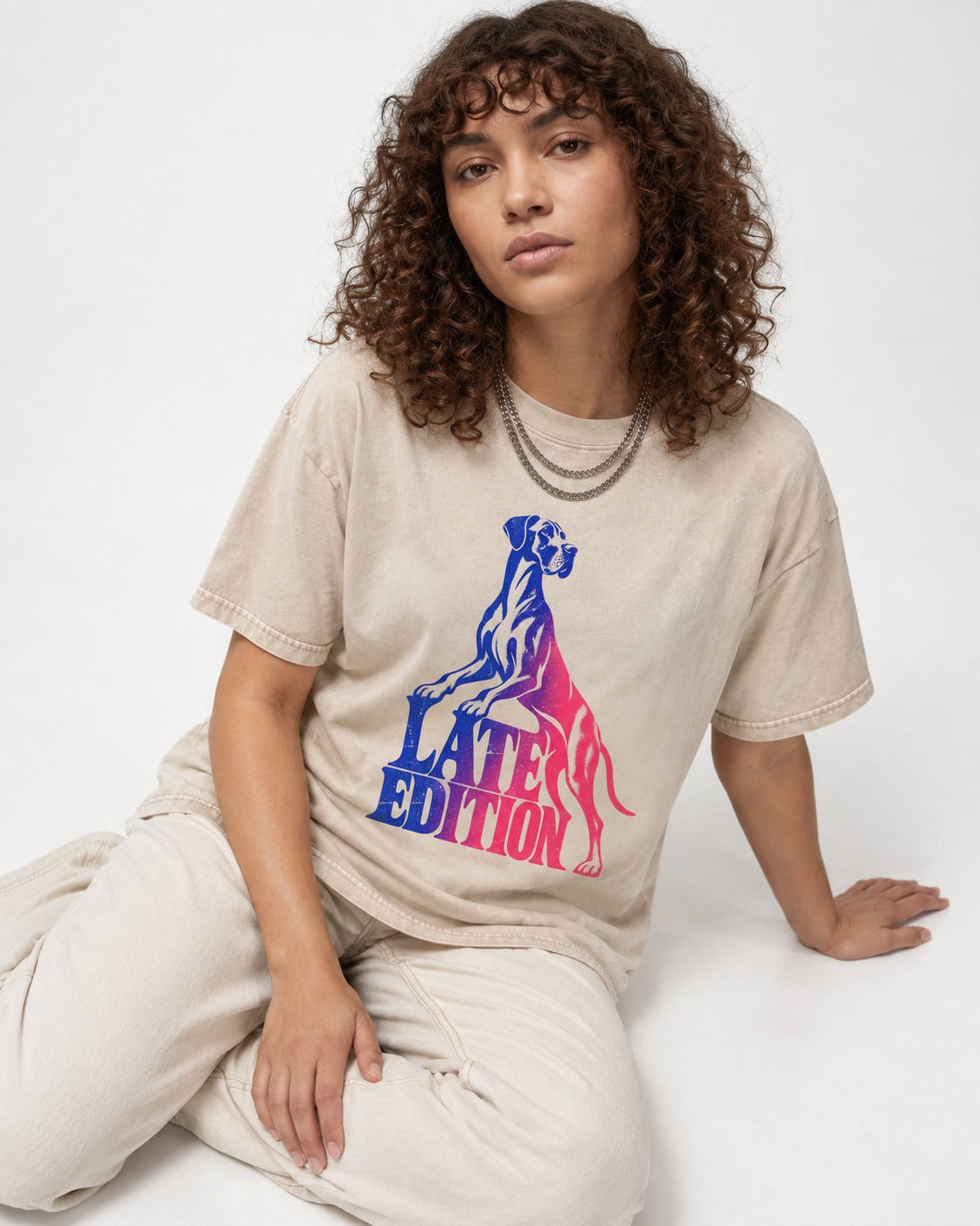 Great Dane Latest Edition Gradient Graphic Washed Tee in Apricot, worn by a seated model