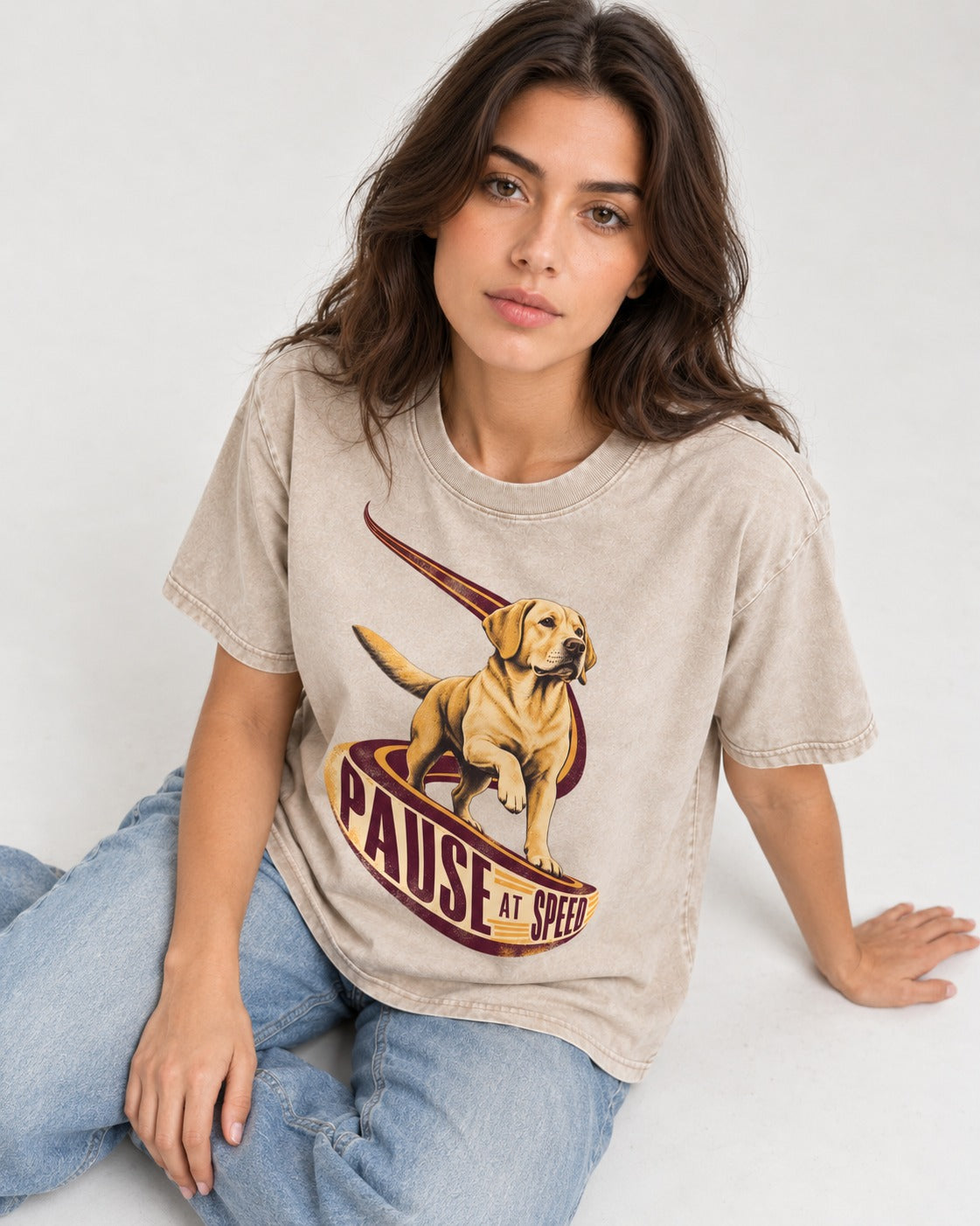 Labrador Retriever Pause at Speed Ribbon Graphic Washed Tee in Apricot, worn by a seated model